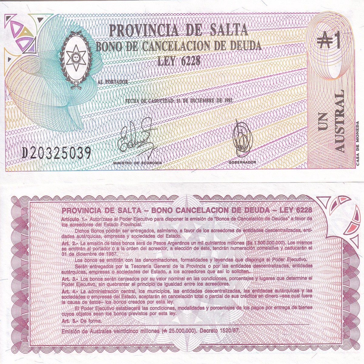 Argentina 1 Austral 1987 P S2612e UNC , Provincia de Salta , Emergency