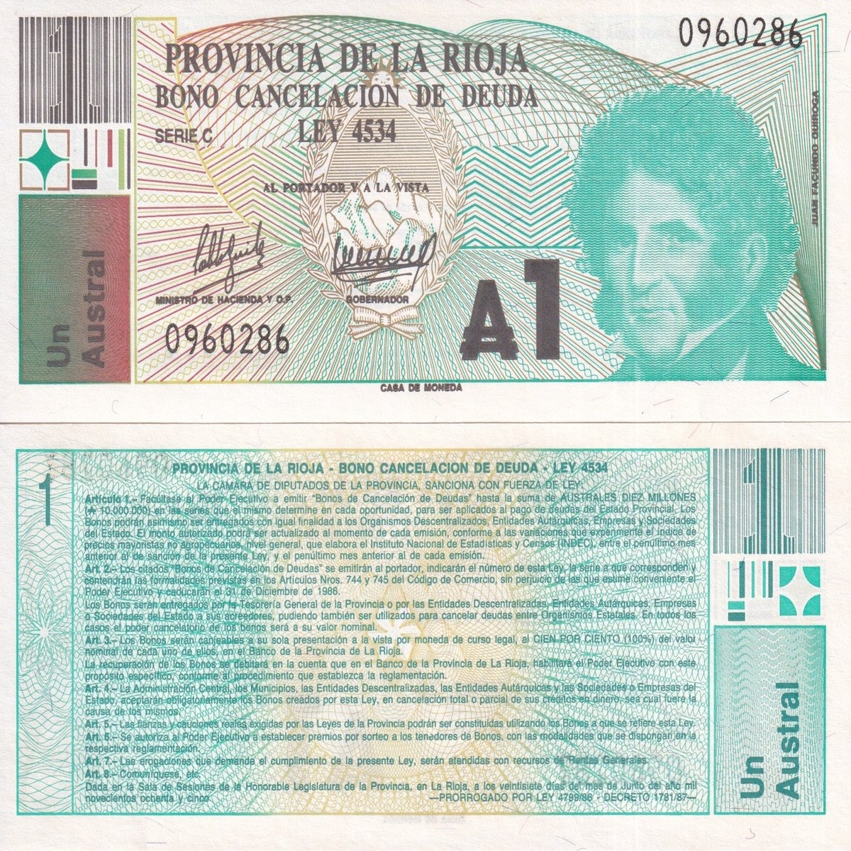 Argentina 1 Austral ND 1986 EMERGENCY NOTE P S2503 UNC, Juan Facundo Quiroga