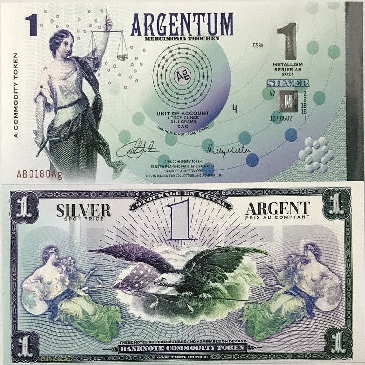 Argentum 1 Metallism Silver Commodity Token Series AB 2021 Polymer