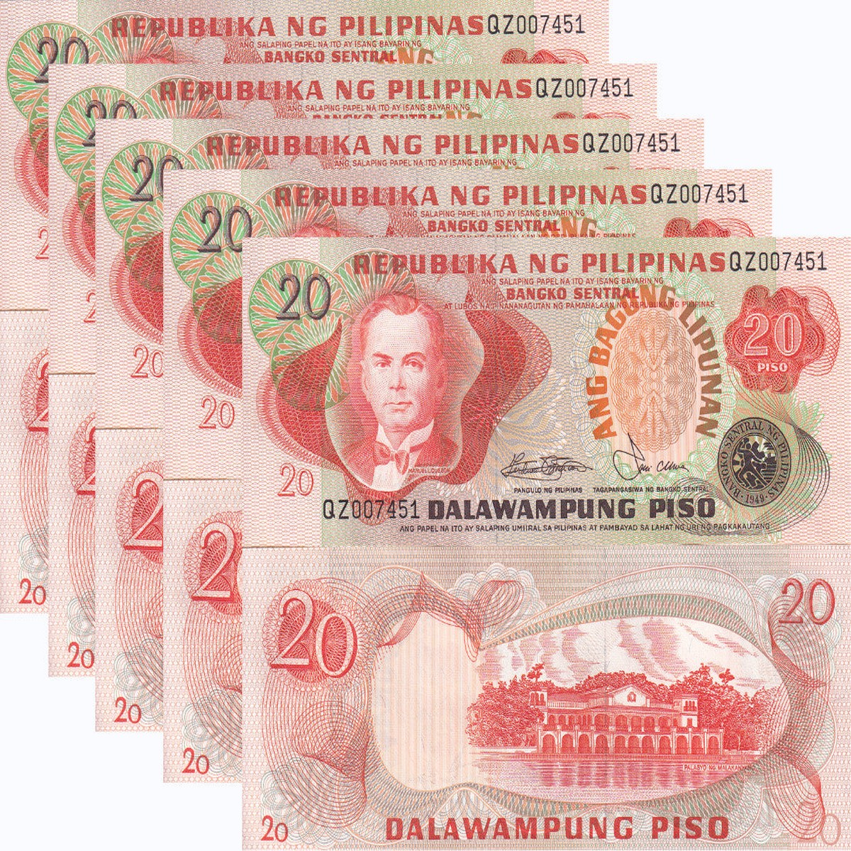 Philippines 20 Piso ND 1978 P 162 b SIGN 9 UNC LOT 5 PCS